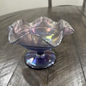 Fenton Amethyst Satin Iridescent Stretch‎ Glass Compote Ruffle Purple Candy Dish